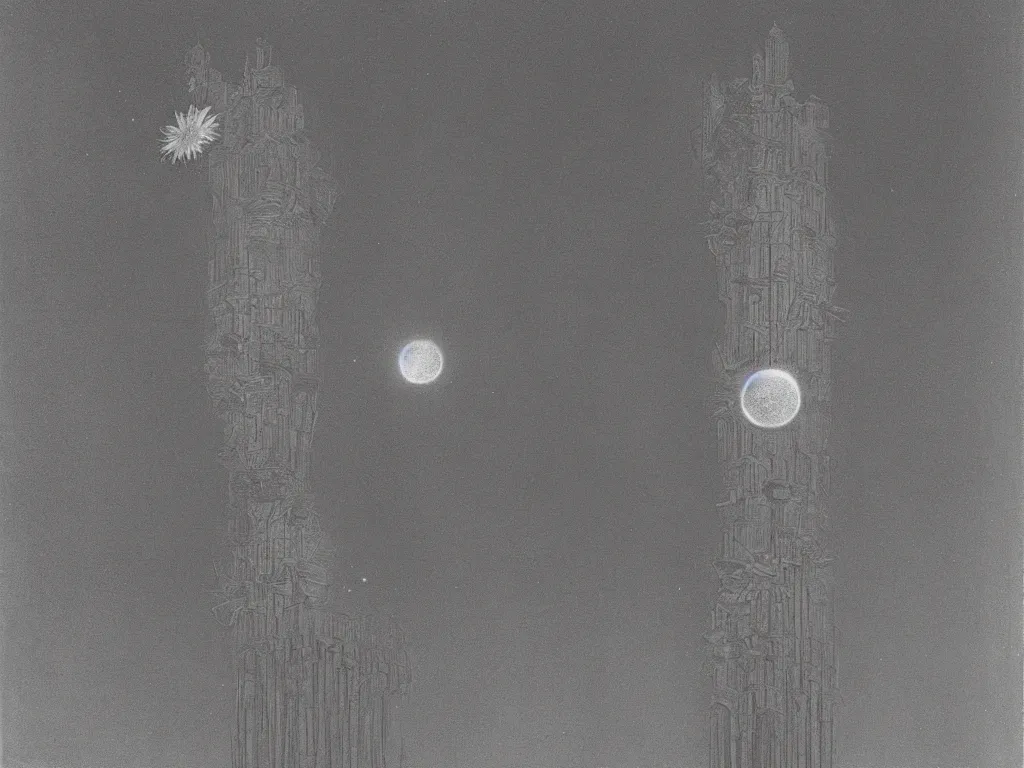 Prompt: gothic tower flower at night over the comet. karl blossfeldt, agnes pelton, roger dean