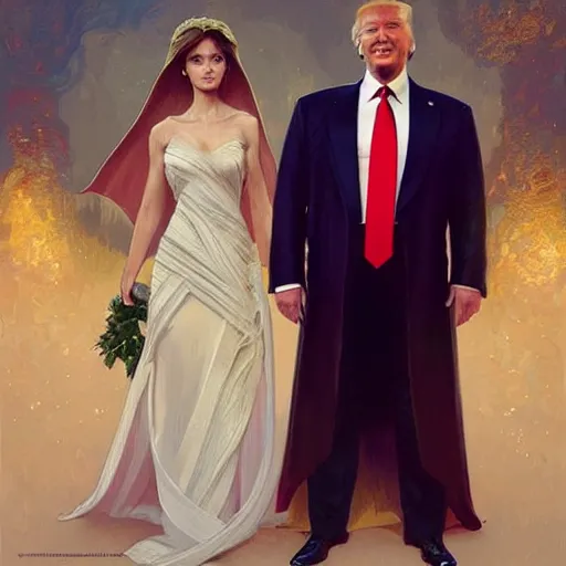 Image similar to vladimir putin marrying donald trump, elegant, highly detailed, digital painting, artstation, concept art, smooth, sharp focus, illustration, art by artgerm and greg rutkowski and alphonse mucha