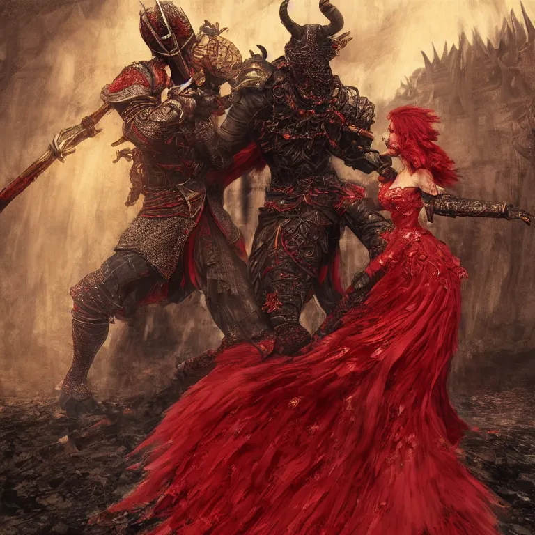 Image similar to black man and a female devil in red dress dancing, Dark Souls 3 themed, in style of Ruan Jia, insanely detailed and intricate, golden ratio, elegant, ornate, luxury, elite, matte painting, cinematic, cgsociety, James jean, Brian froud, ross tran, Laputa