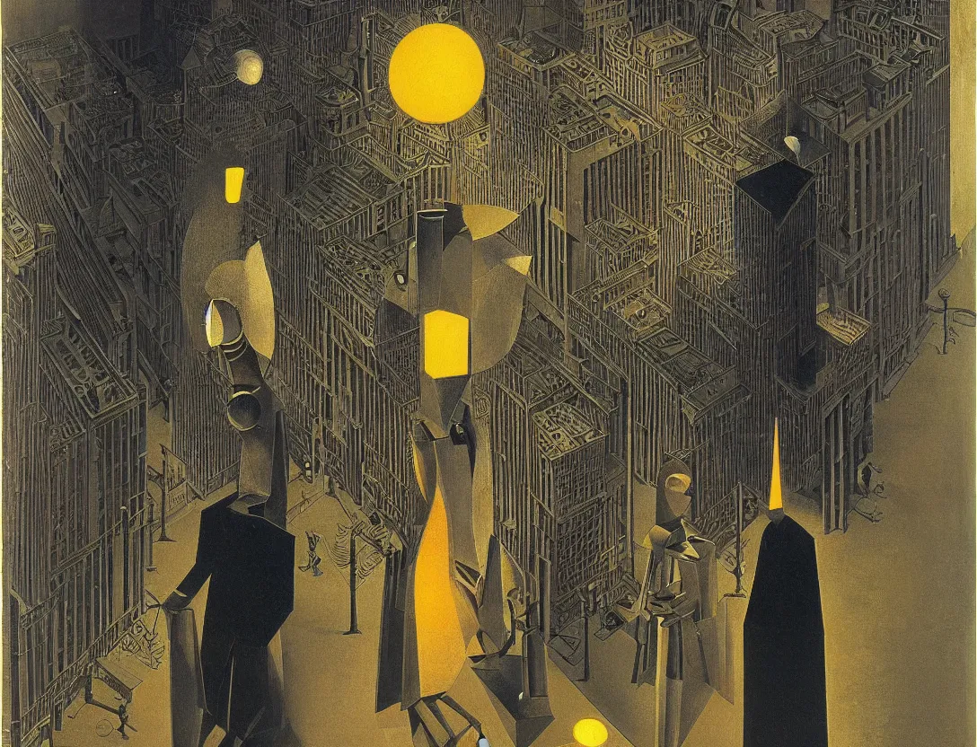 Prompt: a robot followed by a watchful light wandering the streets of a city, high angle, stylized, sparse detail, by remedios varo, picasso and moebius