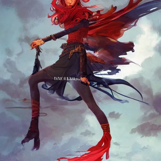 Image similar to beautiful female mage with red hair, keira knightley, black clothing, dark feathered wings, intricate, highly detailed face, cory behance hd by jesper ejsing, by rhads, makoto shinkai and lois van baarle, ilya kuvshinov, rossdraws global illumination