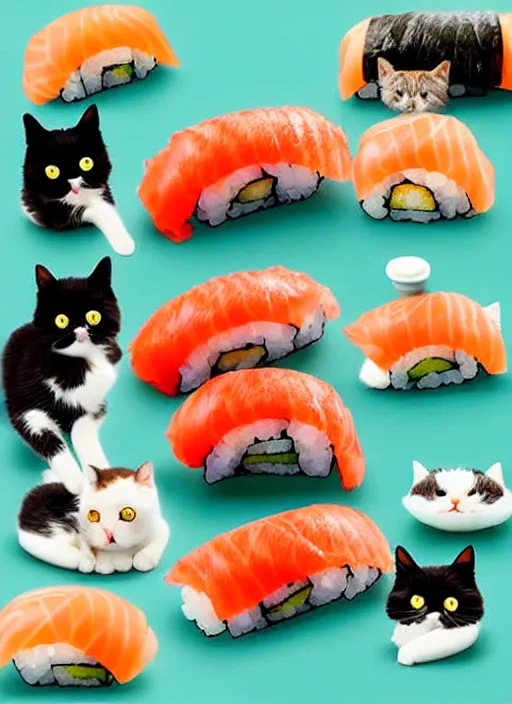 Image similar to clear photorealistic picture of adorable cats made out of sushi