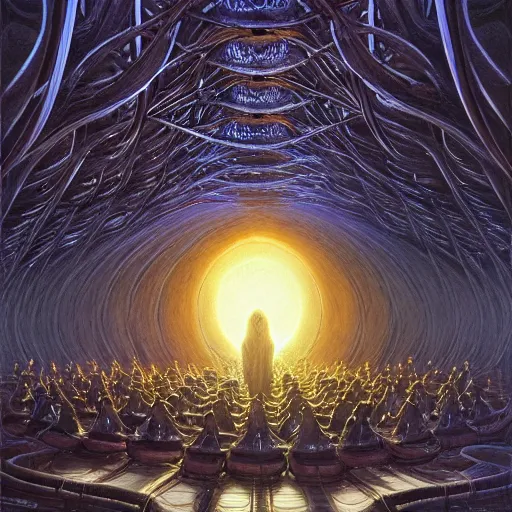 Image similar to a quantum computer surrounded by a dark cabal of multiple hooded elven mystics in long dark robes gathered in a circular formation, dan seagrave art, michael whelan, artstation, cgsociety, epic scifi fantasy art