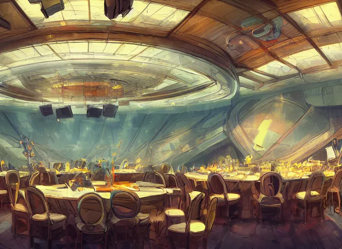 Prompt: cartoon background clean neat clarity professional visual development set design, large hall, people sitting on ten round tables, dim painterly lighting volumetric aquatics, impasto, trending on pixiv