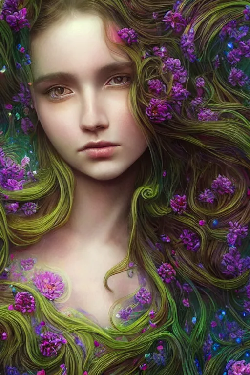Prompt: elaborately detailed close up realistic portrait of an extremely beautiful girl with very long dark hair surrounded by flowers, an eerie mist and many ethereal rainbow bubbles, Art Noveau, Aetherpunk, atmospheric lightning, dreamscape maximized, iridiscent geometry, high fantasy professionally painted digital art painting, fantasy matte painting movie poster, smooth, sharp focus, highly detailed illustration highlights, backlight, golden ratio, 8K detail post-processing, symmetrical facial features, rich deep moody colors, dark epic fantasy, award winning picture, featured on DeviantArt, trending on cgsociety