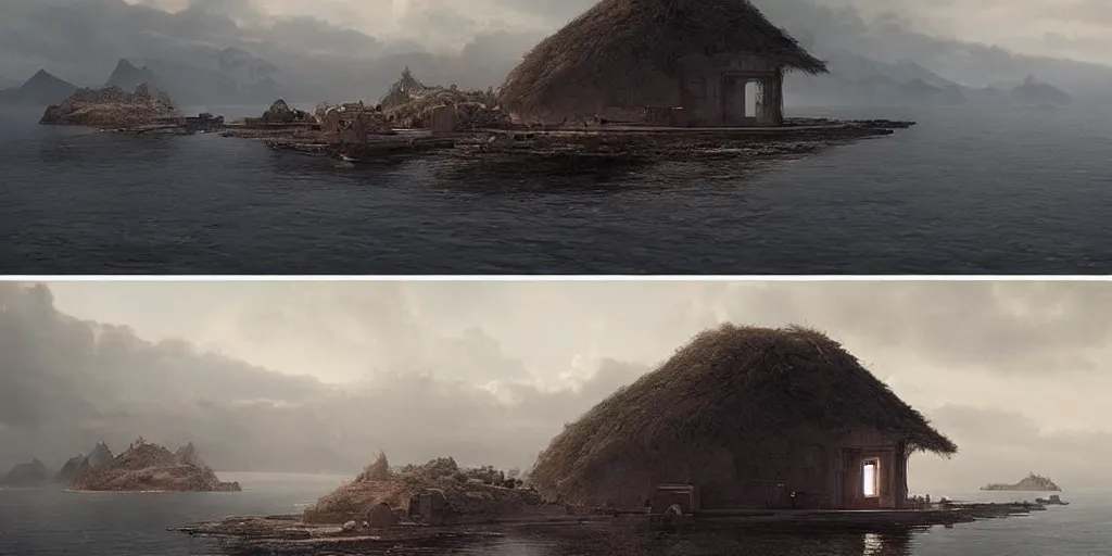 Prompt: beautiful screenshot from a movie, epic matte painting of a military outpost hidden on an island, cinematic cinematography masterpiece, greg rutkowski, and ivan aivazovski, roger deakins