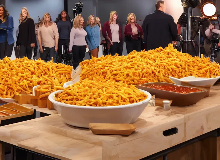 Prompt: qvc tv show product showcase pile of nasty chili cheese fries, chunky fat sales men, studio lighting, limited time offer, call now, extremely detailed, horror, 4 k, hd