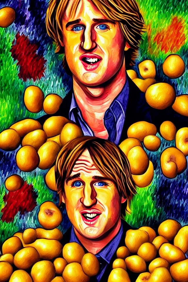 Image similar to bizarre neo - fauvism portrait of owen wilson in a sea of thousands of highly detailed potatos, dramatic cinematic lighting, 8 k, beautiful intricate painting