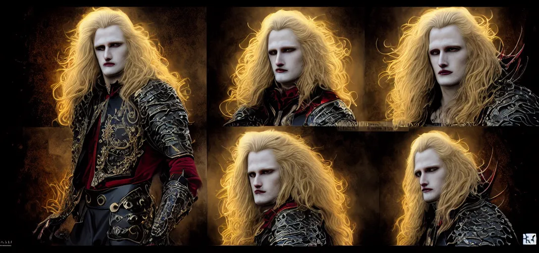 Image similar to character sheet concept art of johan liebert alucard, long fluffy golden blonde curly hair, gilded obsidian baroque armor, red fabric, face paint, ferrofluid armor, realistic, hyperrealistic, photographic, costume, wlop, dan mumford, greg rutkowski, high detail, octane render, alexander mcqueen, james gurney, photo, 8 k, intricate