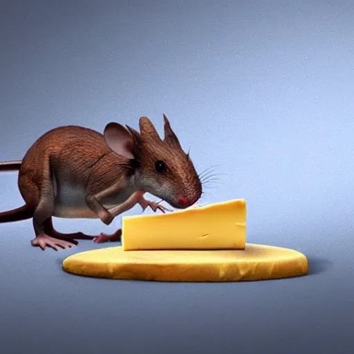 Prompt: dinosaur mouse eating cheese, photo realistic concept art