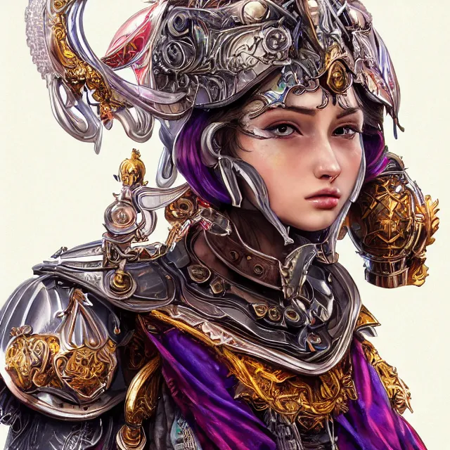 Image similar to studio portrait of lawful good colorful female holy mech paladin as absurdly beautiful, elegant, young sensual pretty woman, ultrafine hyperrealistic detailed face illustration by kim jung gi, irakli nadar, intricate linework, sharp focus, bright colors, matte, octopath traveler, final fantasy, unreal engine highly rendered, global illumination, radiant light, intricate environment