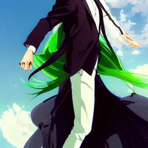 Image similar to full body portrait character concept art, anime key visual of decadent green long straight hair young anime male in black suit, green long straight hair and brown eyes, finely detailed perfect face studio lighting delicate features directed gaze, gapmoe kuudere grimdark, trending on pixiv fanbox, painted by greg rutkowski makoto shinkai takashi takeuchi studio ghibli