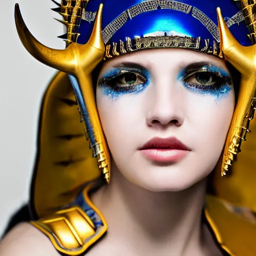 Image similar to close up headshot of a woman in elaborate blue and gold armor with spiked horns on her helmet, cosplay, photoshoot, photograph by Zhang Jingna