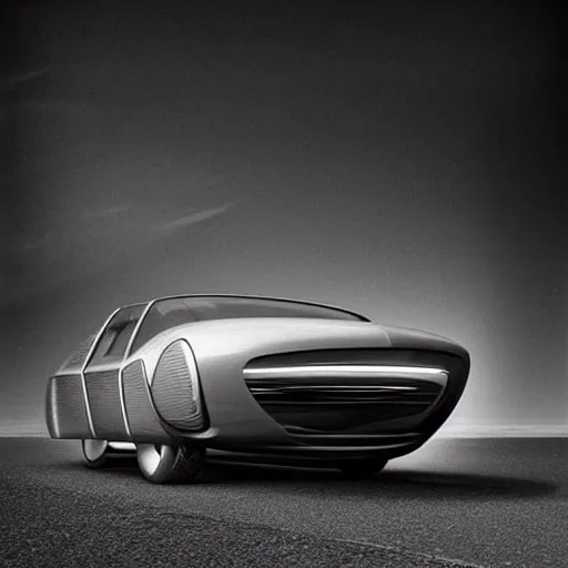 Prompt: the car from the future, vintage, futuristic style, retro - futurism, black and white, poster