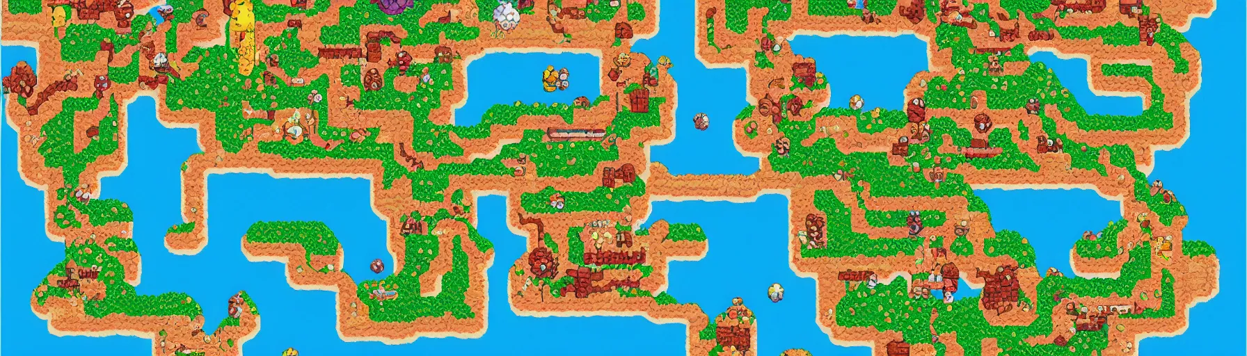 Prompt: vertical panorama of the super mario world map in the style of studio ghibli