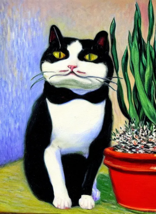 Prompt: tuxedo cat in chef costume chews on a wax plant, oil painting, by monet