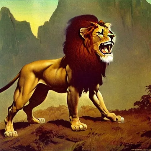 Image similar to a lion headed muscular barbarian by Frank Frazetta, in a savanna