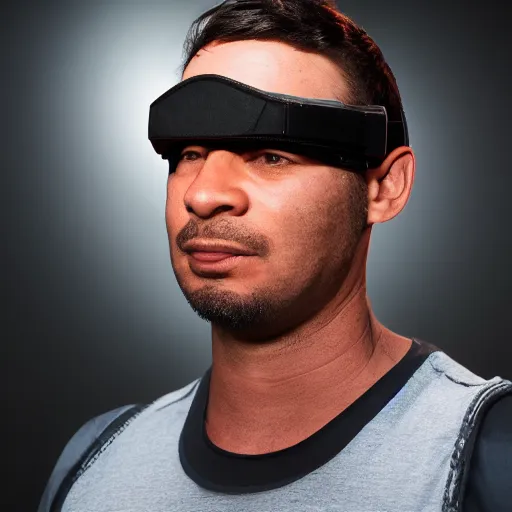 Image similar to a beautiful portrait of a bloke wearing geordi la forge's visor and a tank top, on a hot australian day, high quality, photography, volumetric lighting, 8 k