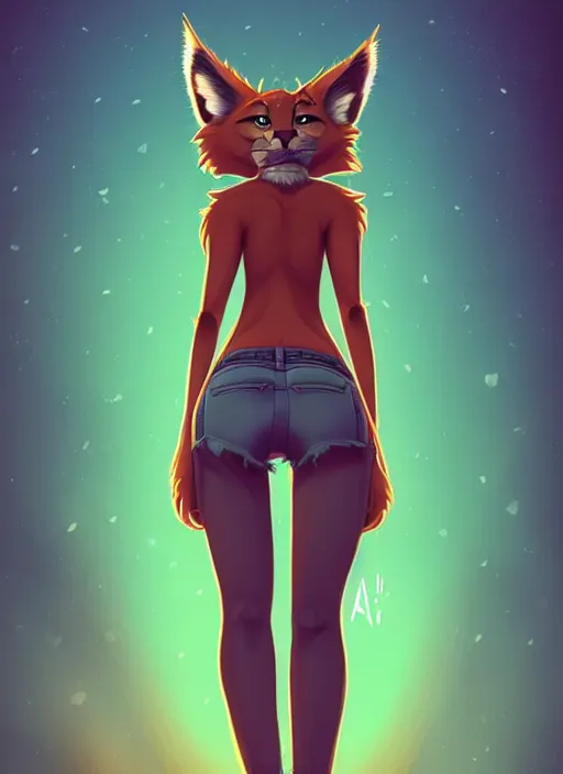 Image similar to wide angle beautiful full body portrait of a strong female anthropomorphic anthro lynx fursona from behind wearing jeans and no boots, paw pads instead of feet and arms, character design by alena aenami, disney, anime, manga, artgerm, furaffinity, detailed, soft lighting,