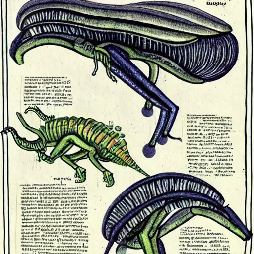 Image similar to an old journal page describing alien life forms with rich illustrations