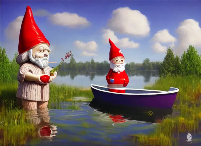 Prompt: a garden gnome sailing in a bucket, background of a reflective pond on a sunny day with dramatic clouds, an ultrafine detailed painting by mark ryden, trending on deviantart, pop surrealism, whimsical, lowbrow, joyous, perfect symmetrical face