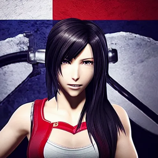 Image similar to Tifa Lockhart from Final Fantasy VII Remake (2020) laughing with the Italian flag in the background