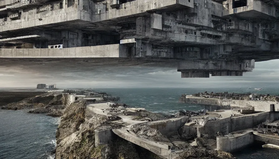 Prompt: coastal perched on a cliff overlooking a magnificient bay, brutalist imperial military base, drawing architecture, ultra very long shot, top angle, imperial architecture in rogue one, pritzker architecture prize, brutalism architecture, jan urschel, greig fraser