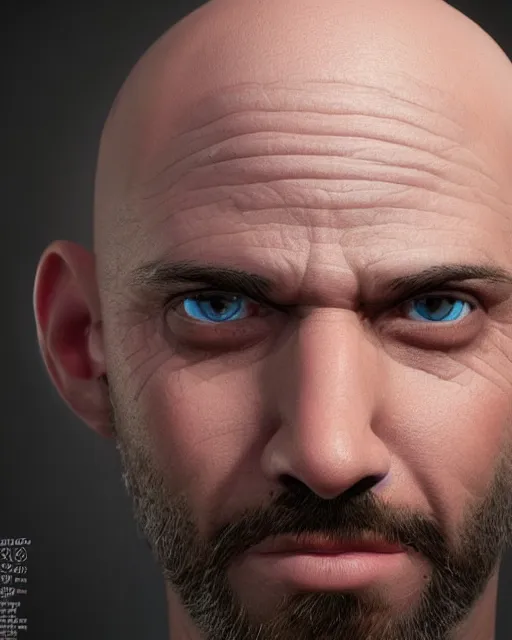 Prompt: portrait of a 4 0 - year - old bald man without nose, hyper realistic face, beautiful eyes, character art, art by mark brooks, hyperdetailed, cryengine, trending on artstation, digital art