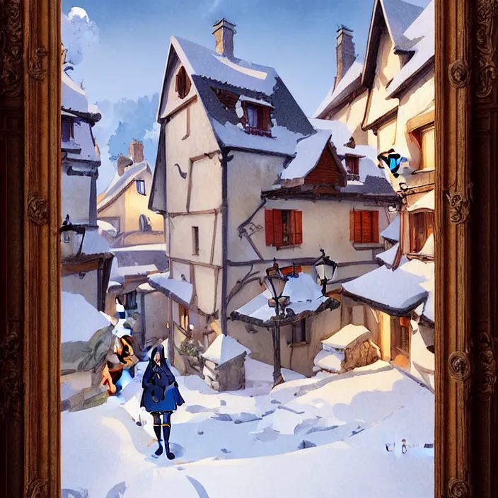 Image similar to french rural town, winter, in the style of studio ghibli, j. c. leyendecker, greg rutkowski, artem