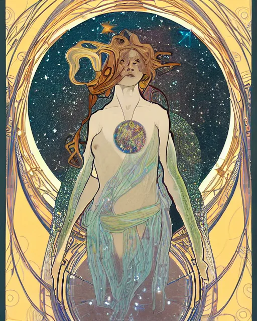 Prompt: a portrait of a galaxy as an androgynous druid spirit wearing a necklace of moons and stars, draped in transparent cloth, flat colors, occult, minimal, swirly, bust by alphonse mucha and marian spore bush, decorative art deco border, astrophotography, vast cosmos, digital illustration overlayed on photography, trending on artstation
