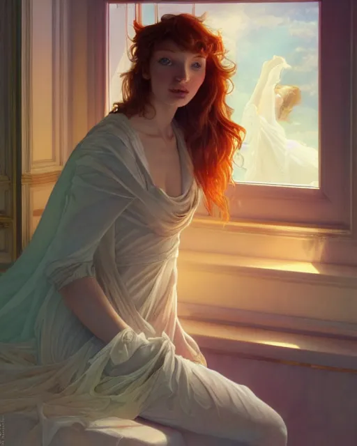 Image similar to eleanor tomlinson, posing, vaporwave, bedroom, highly detailed, digital painting, artstation, concept art, smooth, sharp focus, illustration, art by artgerm and greg rutkowski and alphonse mucha