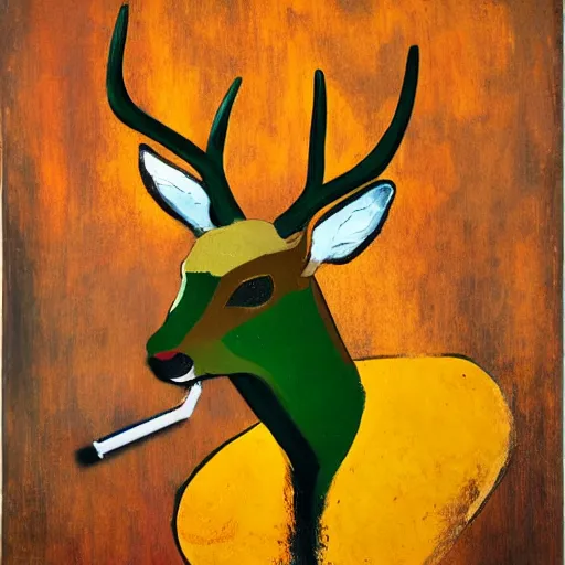 Image similar to deer with a cigarette in its mouth, artistic, painterly, expressive great contrast, brown and green, rule of thirds, dripping paint, thick strokes