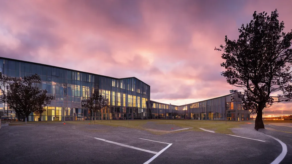 Image similar to reykjavik junior college, sunset lighting, rim light, hyper realistic, cinematic frame