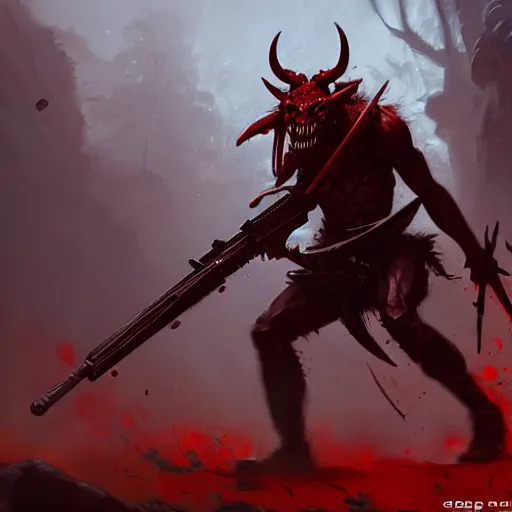 Prompt: a red skinned demon with rifle, stomps on a wolf skull, by greg rutkowski, magic the gathering, 4 k