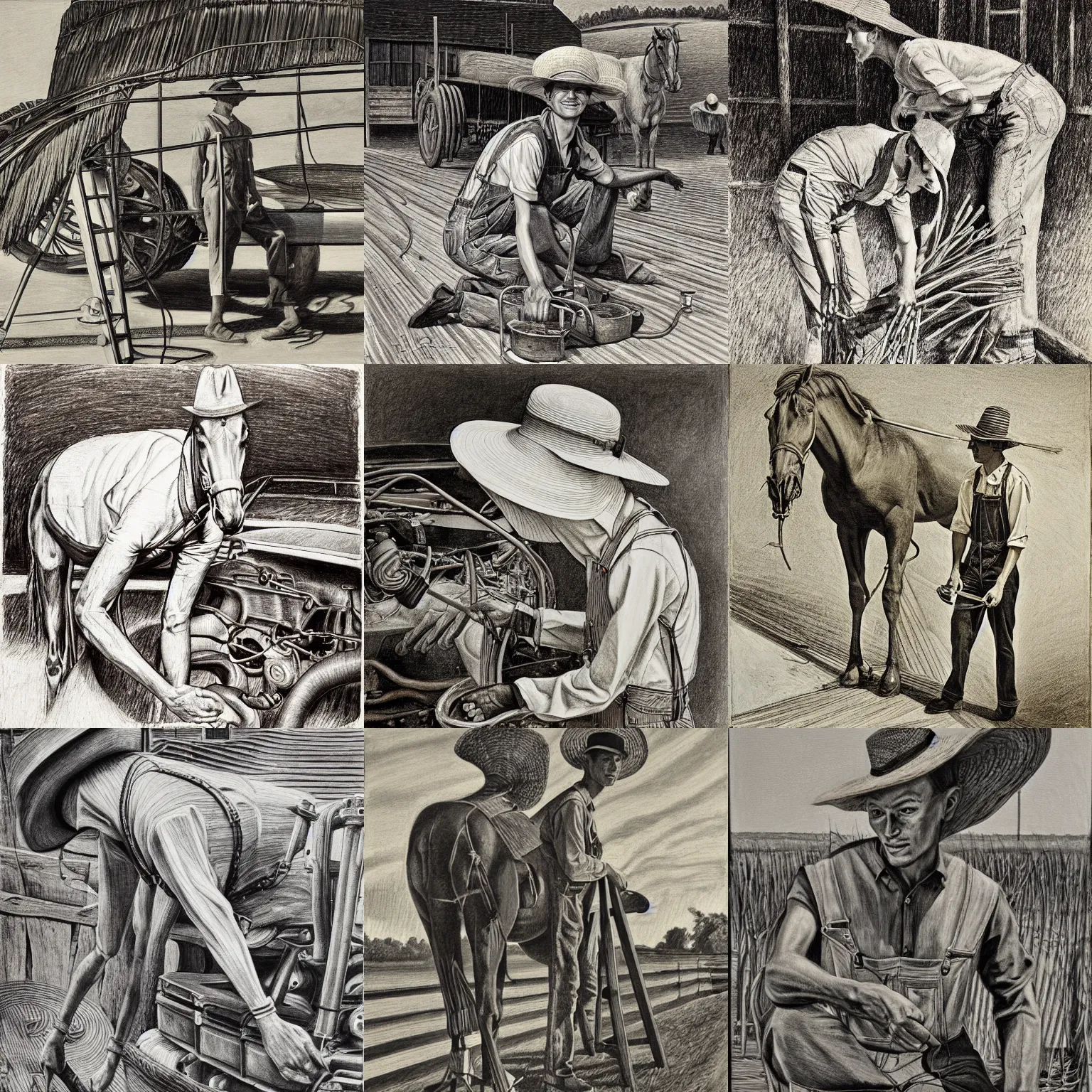 Prompt: american realist painting of elongated horse - humanoid creature wearing a straw hat and overalls fixing an engine, golden hour, expressive linework, crosshatching, grisaille