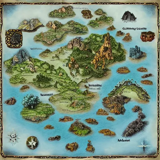 Image similar to an incredibly detailed map of a fantasy world with elaborate biomes and illustrations