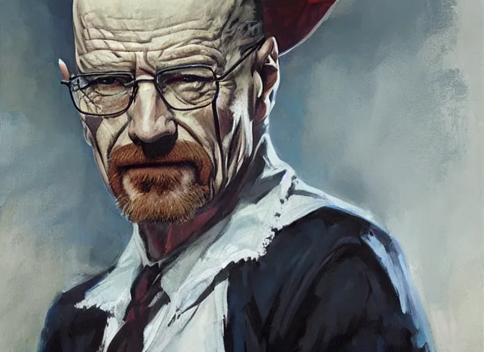 Image similar to a highly detailed beautiful portrait of walter white as the joker, by gregory manchess, james gurney, james jean