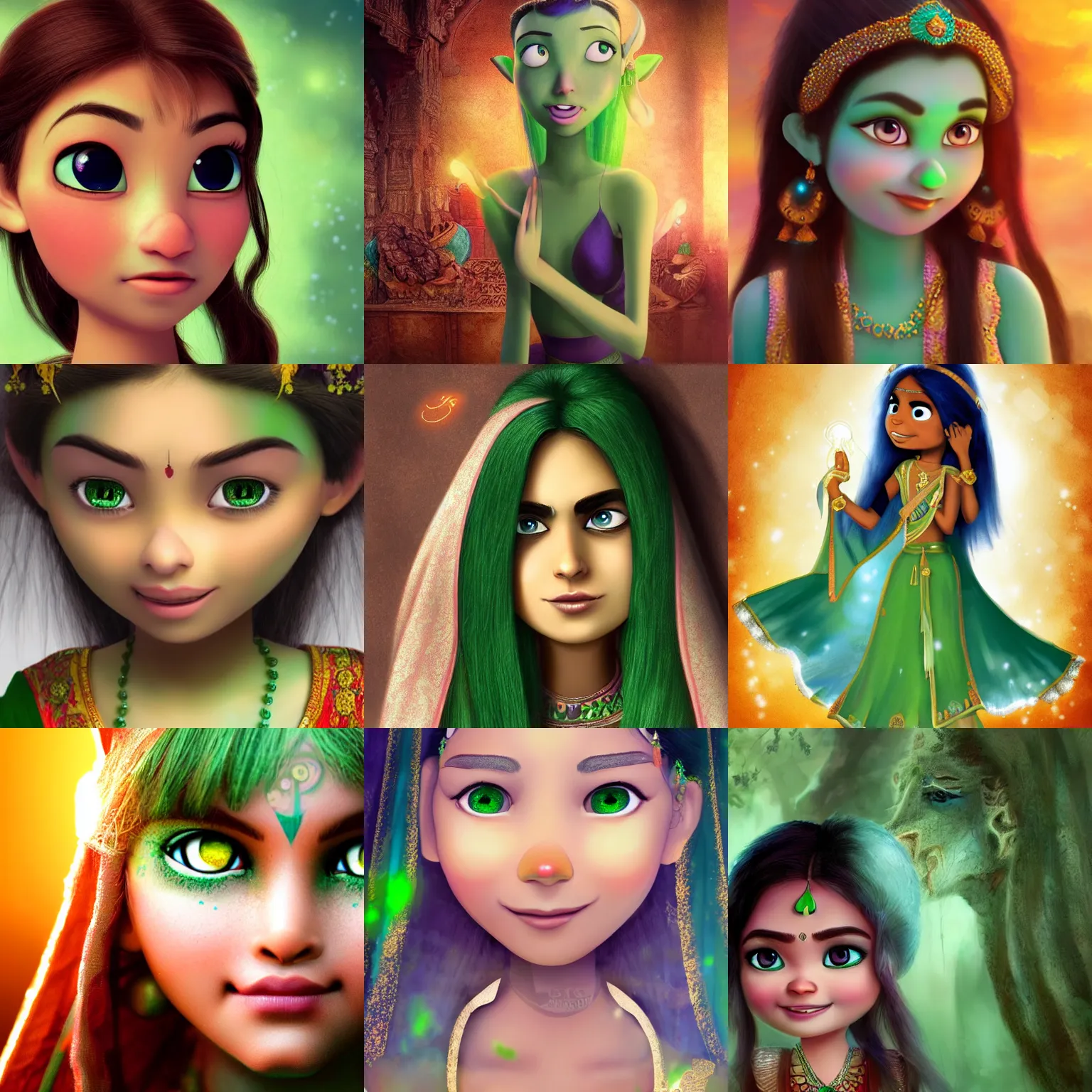 Prompt: a fantasy picture of a beautiful indian girl with large mysterious light green eyes smiling with tears on her cheeks, pixar