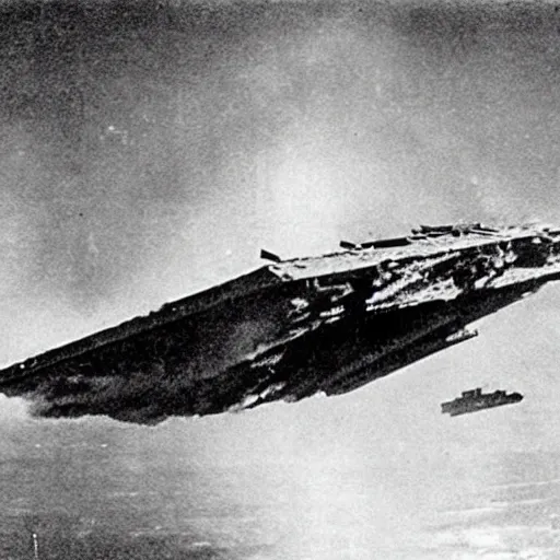 Image similar to an old ww2 photograph of a star wars star destroyer crashing