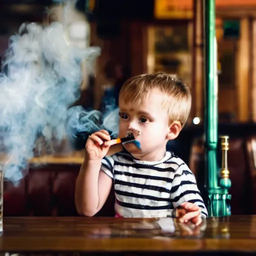 Image similar to Toddler smoking a cigarette and drinking his favorite pint in a pub after a hard day of toddling