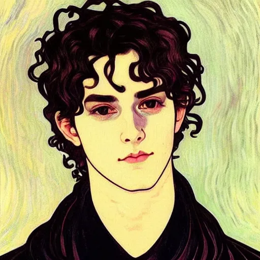 Image similar to painting of young cute handsome beautiful dark medium wavy hair man in his 2 0 s named shadow taehyung at the halloween matcha party, somber, depressed, melancholy, sad, elegant, clear, painting, stylized, delicate, soft facial features, delicate facial features, soft art, art by alphonse mucha, vincent van gogh, egon schiele