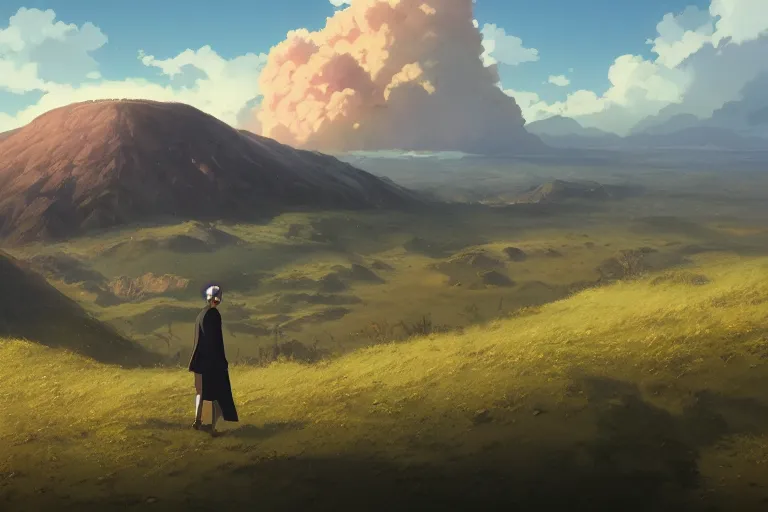 Prompt: a highly detailed matte painting of a man standing on hill watching nuclear explosion by studio ghibli, makoto shinkai, by artgerm, by wlop, by greg rutkowski, volumetric lighting, octane render, 4 k resolution, trending on artstation, masterpiece