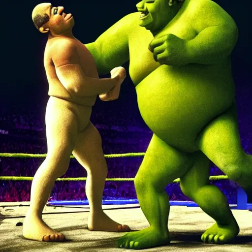 Image similar to shrek vs andre the giant at wrestlemania 8, dramatic lighting, 8k , WWE poster