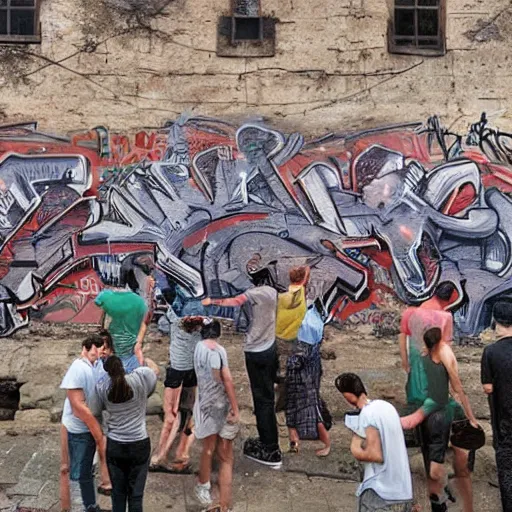 Prompt: amazing graffiti of a crowd on an old wall, hyper detailed, photorealistic, hd