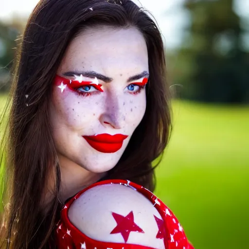 Image similar to close up portrait photograph of the left side of the face of a brunette woman with stars inside her eyes, red lipstick and freckles. she looks directly at the camera. Slightly open mouth, face covers half of the frame, with a park visible in the background. 135mm nikon. Intricate. Very detailed 8k. Sharp. Cinematic post-processing. Award winning portrait photography