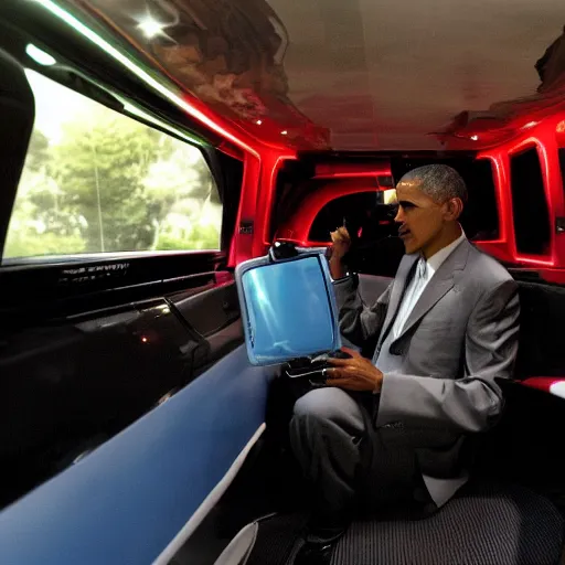 Image similar to barack obama on pimp my ride sitting in his newly upgraded presidential limo complete with a playstation 2, and a minibar. there are also neon lights in the interior.