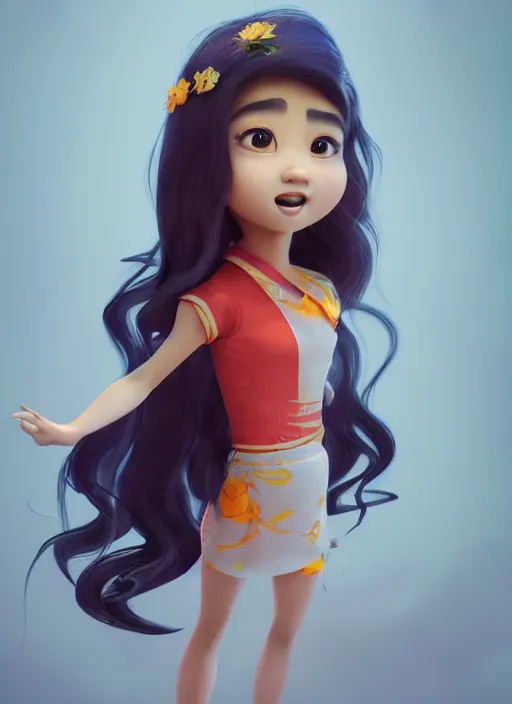 Prompt: a cute asian girl singing, flowing hair in the style of pixar animation, full body shot, award winning, hyper detailed, studio lighting, artstation, octane renderer, unreal engine