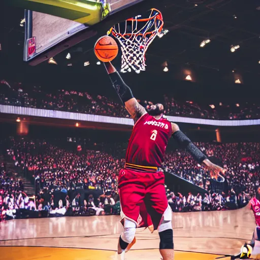 Prompt: photo of asian lebron james as an asian dunking a basketball, nikon d 7 3 0