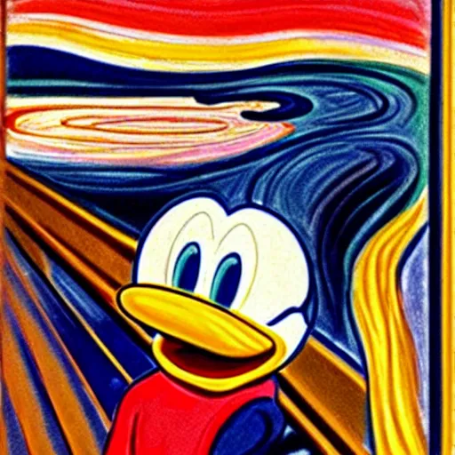 Prompt: Donald Duck as the subject of The Scream by Edvard Munch, museum quality painting