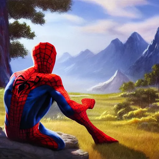 Image similar to a closeup photorealistic photograph of bob ross working on a canvas painting of spiderman. film still. brightly lit scene. mountains and trees. this 4 k hd image is trending on artstation, featured on behance, well - rendered, extra crisp, features intricate detail, epic composition and the style of unreal engine.